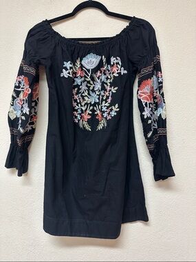 Free People womans Boho Embroidered Black Off-Shoulder Dress size S
